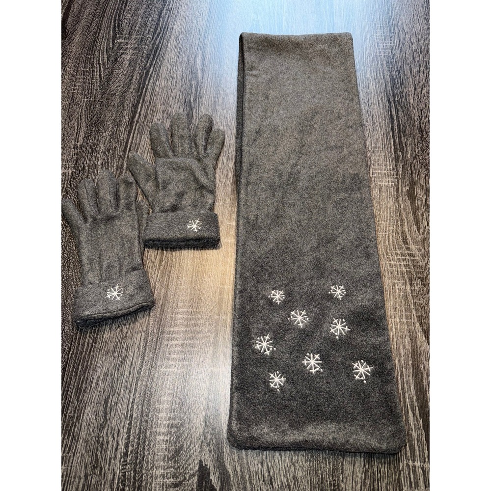 Girls Winter Scarf and Gloves Set Charcoal Gray Snowflake Embroidered Fleece